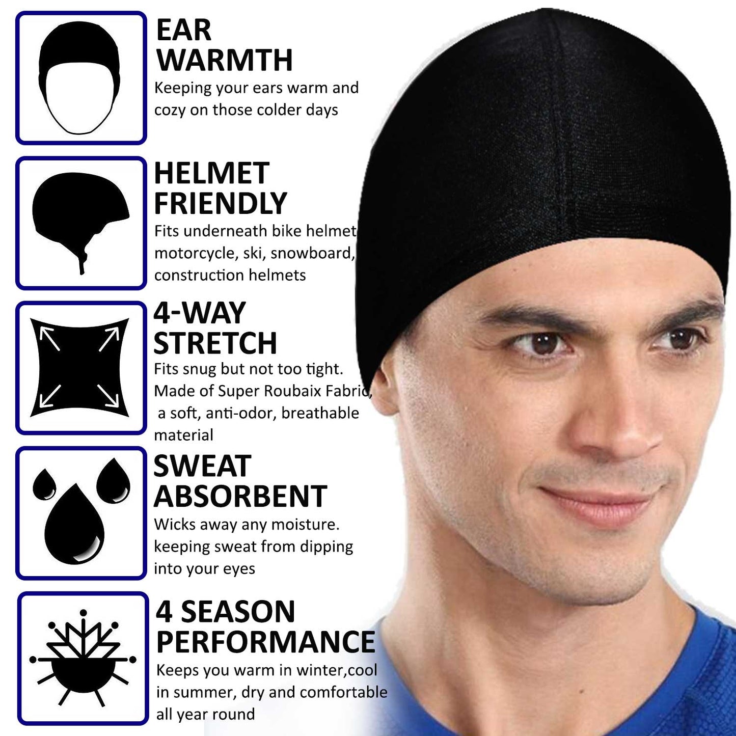 Mototrance Skull Cap Helmet Liner & Running Beanie Hat - Winter Thermal Athletic Cycling & Ski Head Caps for Men - Fits Under Helmets