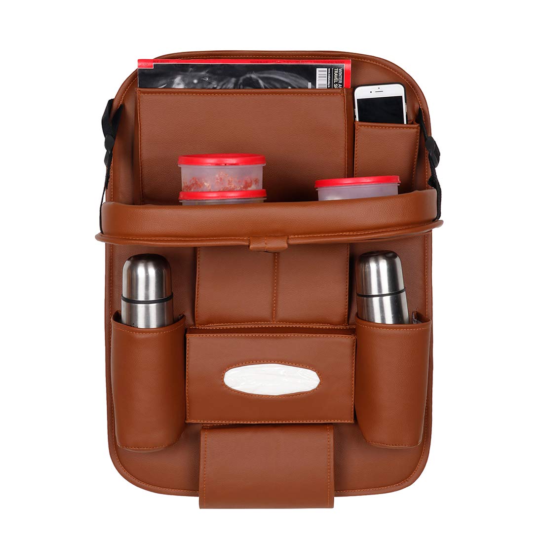 3D PREMIUM Car Seat Organizer  PU Leather with Folding Meal Tray and